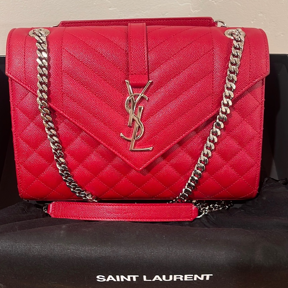 Saint Laurent Red Bag with Silver chain comes with original bag and box